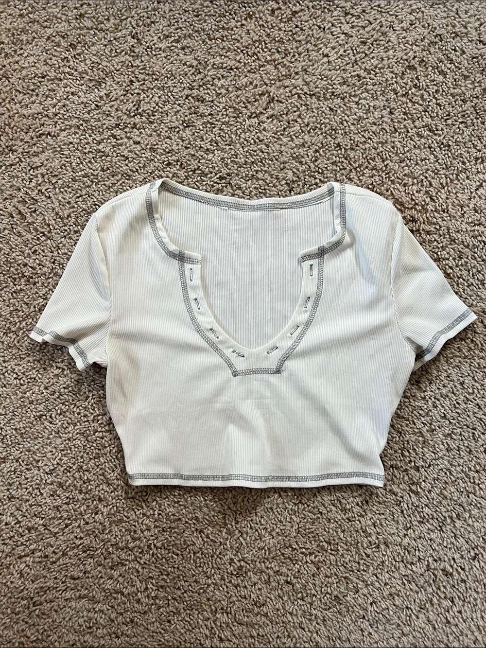 SHEIN White Ribbed Crop Top with Gray Contrast Trim